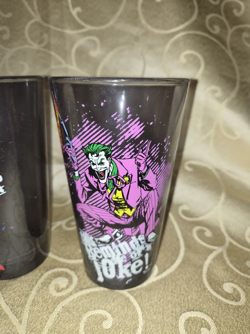 DC Comics Harley Quinn & Joker Two-Pack Pint Glasses - Black, Pink, Blue